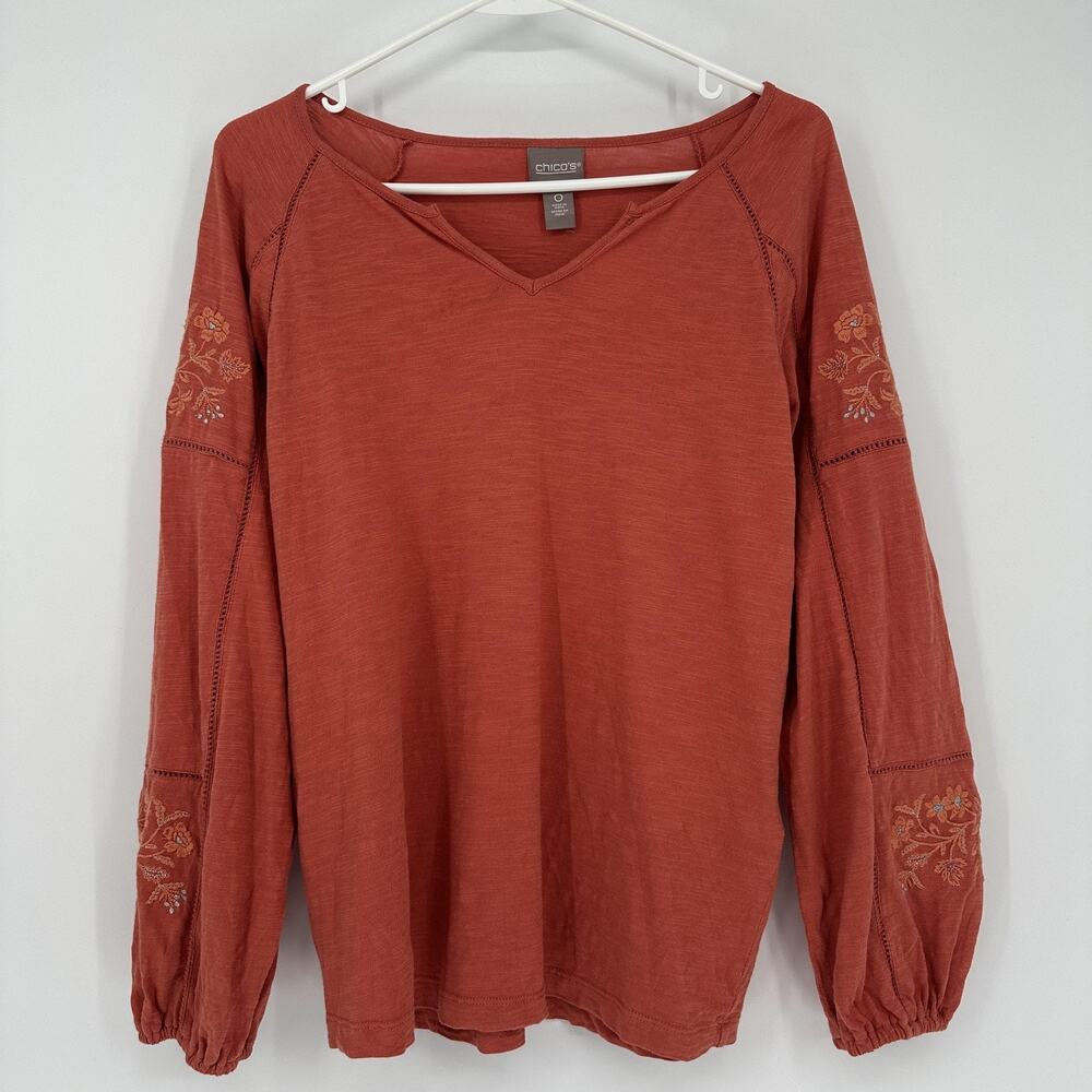 Chicos Shirt Womens  Small Rust Orange Embroidered Boho Peasant Long Sleeve
